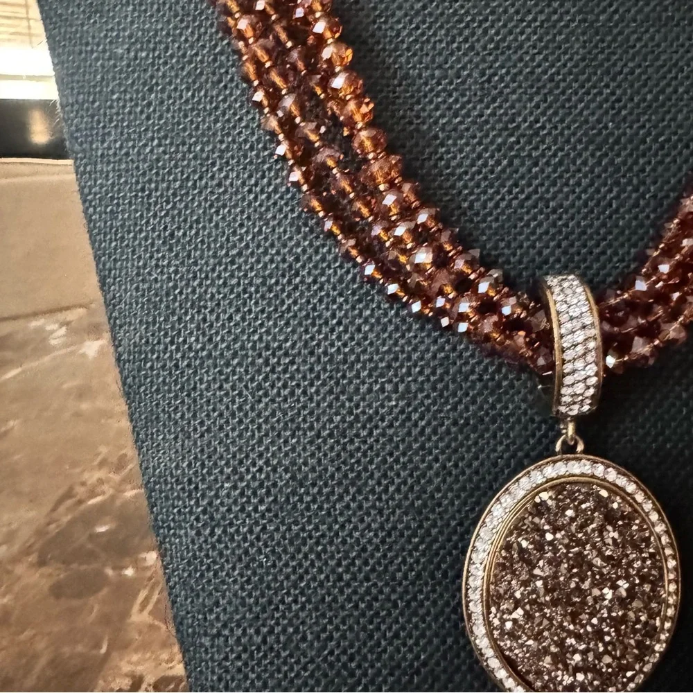 Joan Rivers Multi Strand Mocha Crystal Bead Druzy Rhinestone Pendant Necklace 18